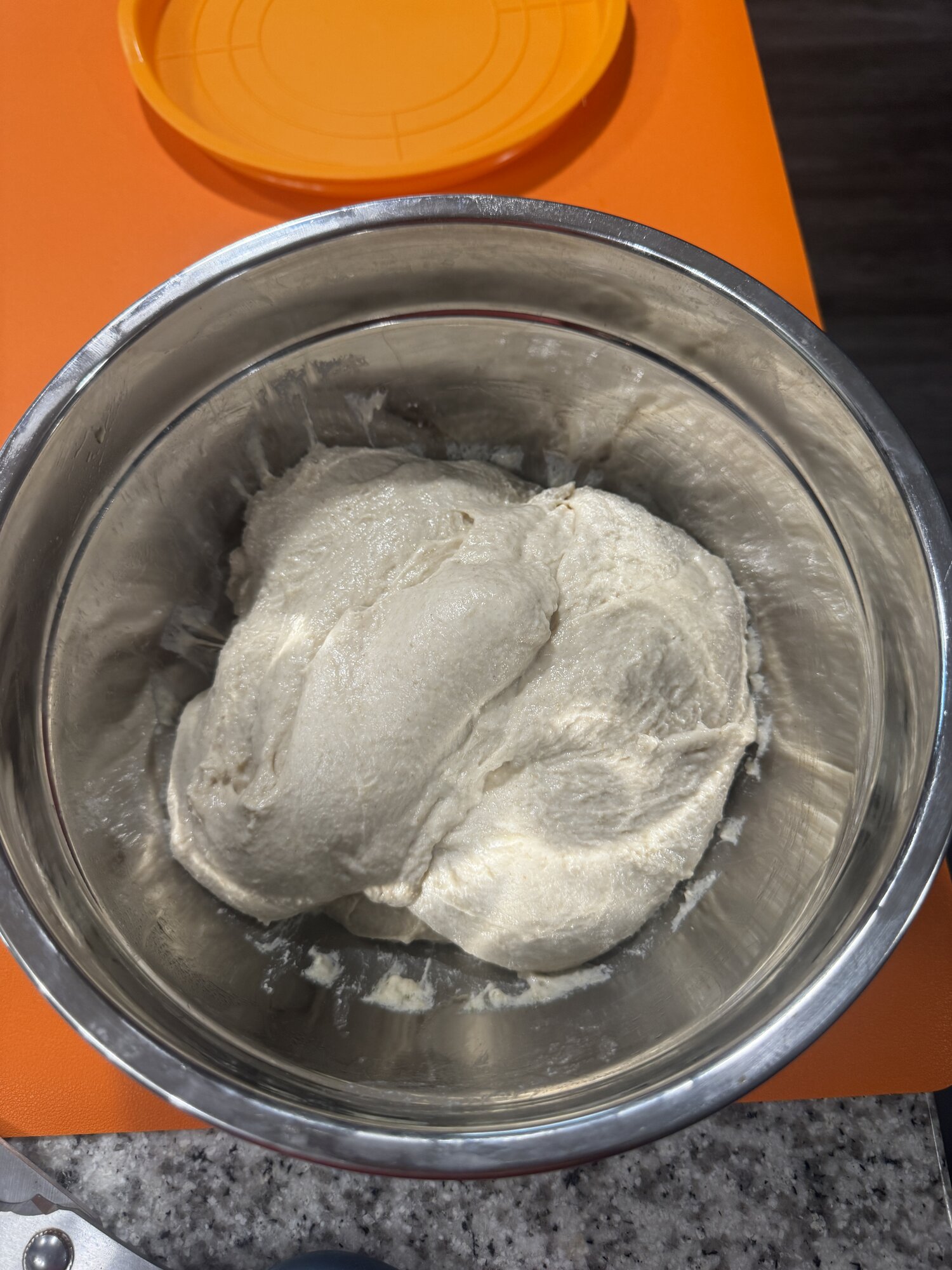 The dough beginning to organize after the first fold.