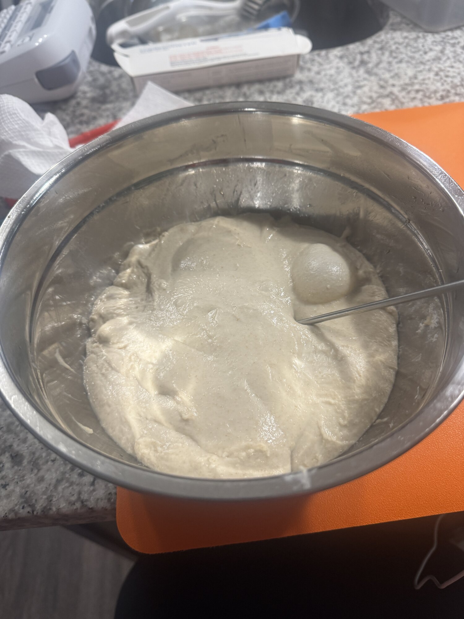 Bulk fermentation at 2:25 pm, complete with one impressive bubble.