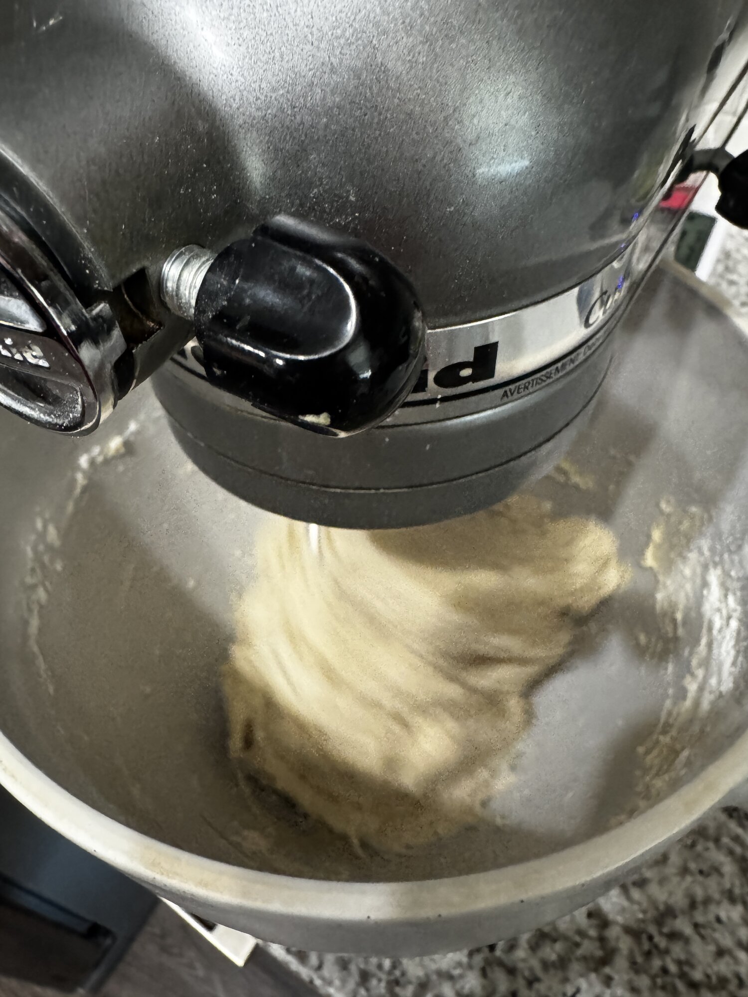 The sticky dough coming together in the mixer.